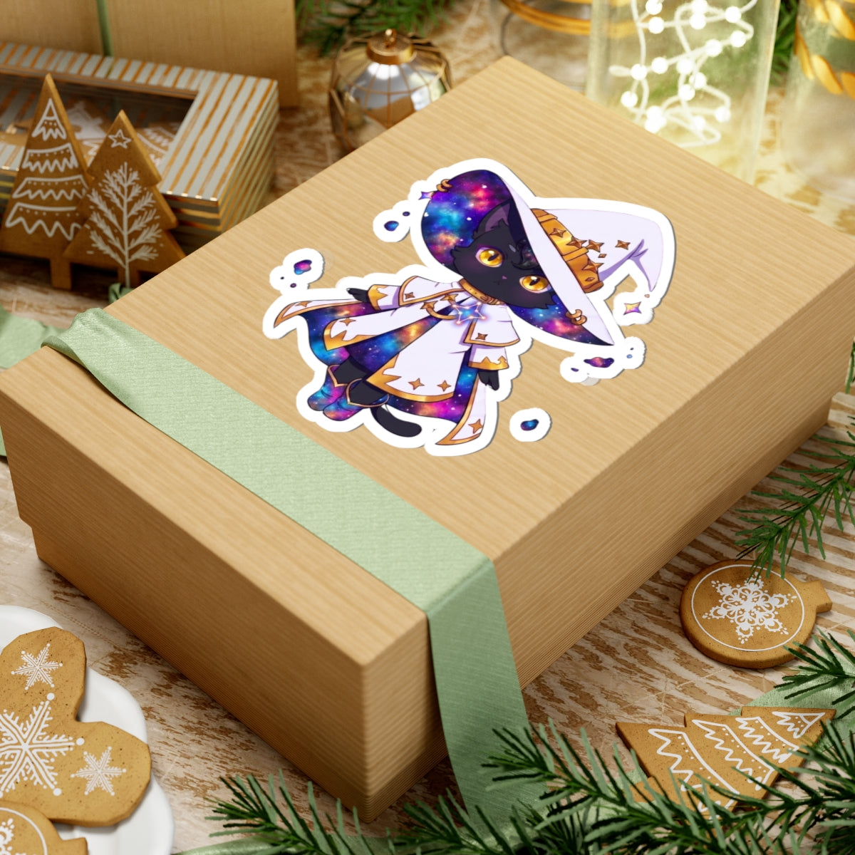 Celestial Cat Sticker, Kawaii Galaxy Witch Kitty in Star Hat Decal, Kiss Cut Glossy Vinyl in 4 Sizes, Cute Gift for Witchy Cat Lovers