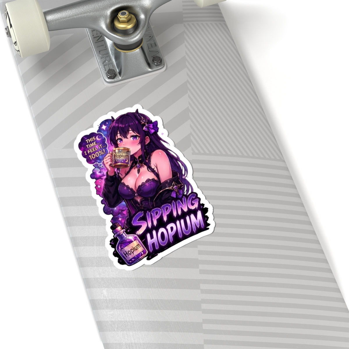 Sipping Hopium Kiss-Cut Sticker — Purple Aesthetic Vaporwave Girl Sticker, Anime Demon Girl with Loc's Decal, Kiss Cut Glossy Vinyl in 4 Sizes, Funny Gacha Gamer Meme Sticker