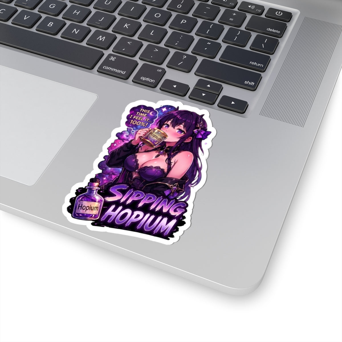 Sipping Hopium Kiss-Cut Sticker — Purple Aesthetic Vaporwave Girl Sticker, Anime Demon Girl with Loc's Decal, Kiss Cut Glossy Vinyl in 4 Sizes, Funny Gacha Gamer Meme Sticker