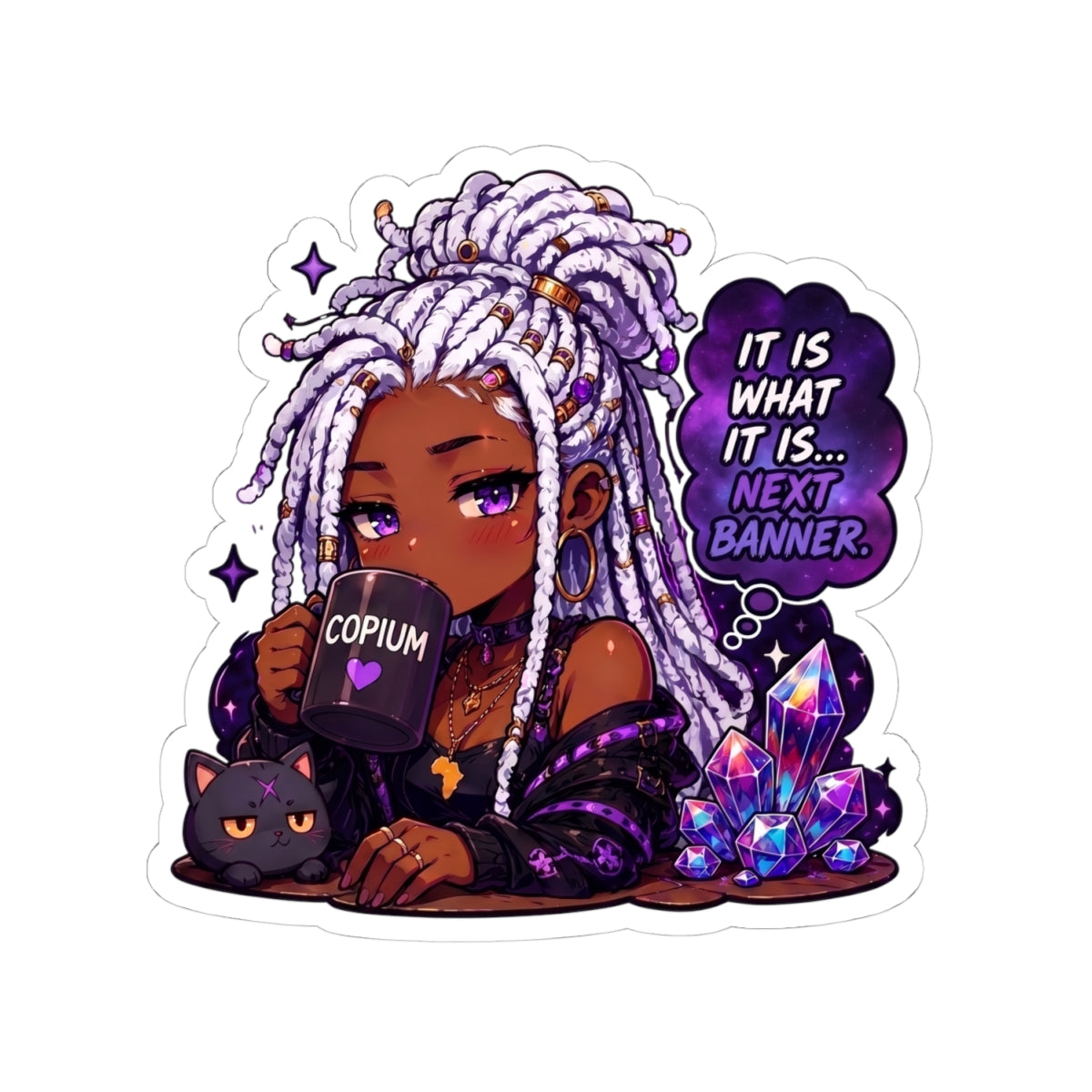 Witchy Copium Kiss-Cut Sticker — "It Is What It Is... Next Banner" Anime Girl with Braids and Black Cat Decal, Kiss Cut Glossy Vinyl in 4 Sizes, Gamer Gift, Gacha Sticker