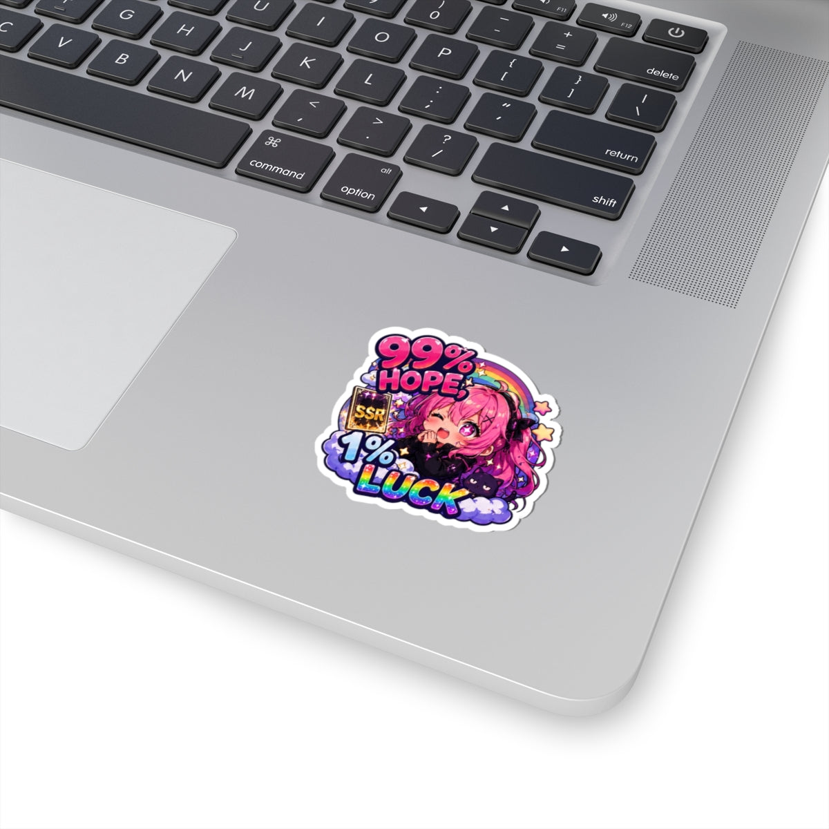 99% Hope 1% Luck Sticker, Anime Chibi Girl with Pink Braids Decal, Kiss Cut Glossy Vinyl in 4 Sizes, Funny Gacha Gamer Gift