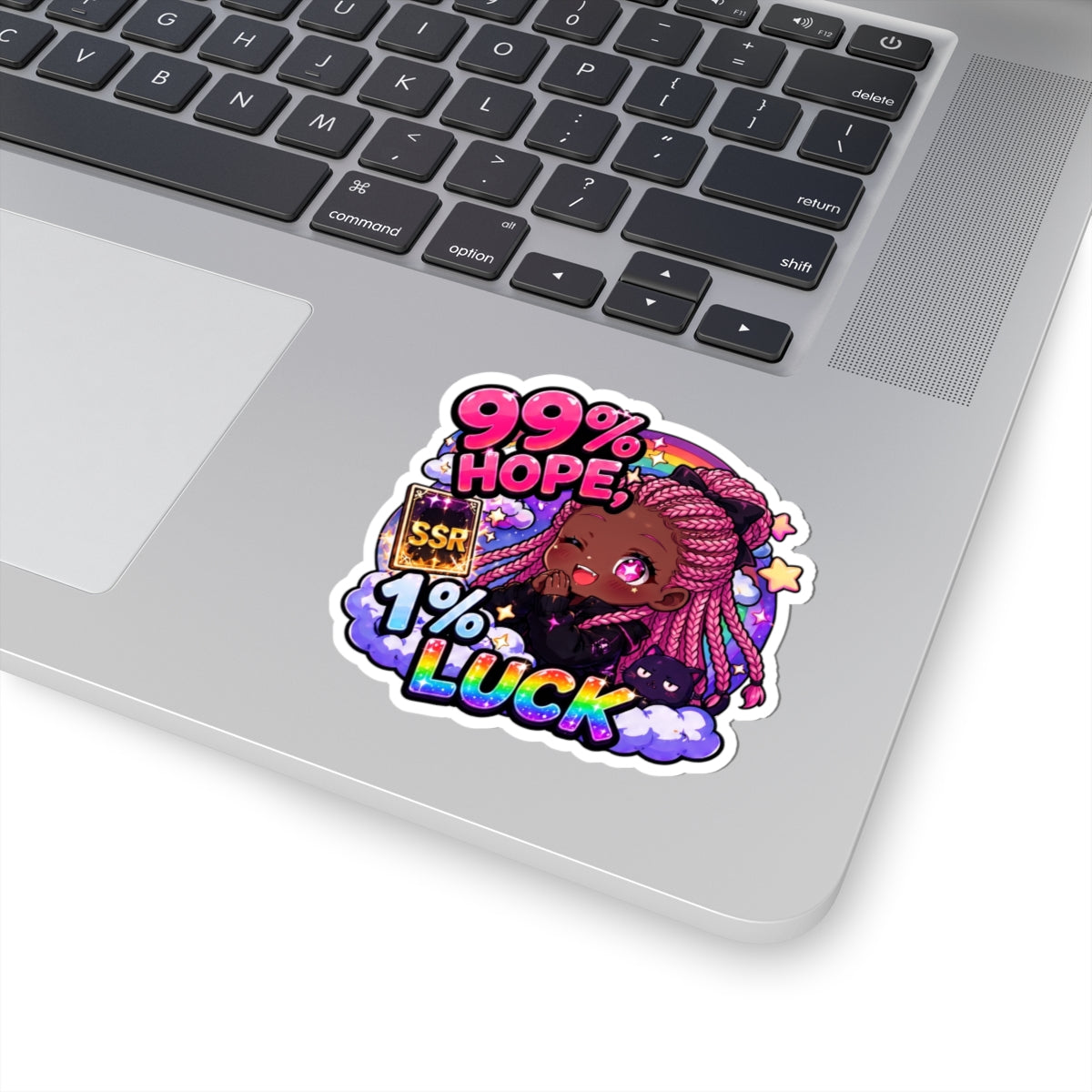 99% Hope 1% Luck Sticker, Anime Chibi Girl with Pink Braids Decal, Kiss Cut Glossy Vinyl in 4 Sizes, Funny Gacha Gamer Gift