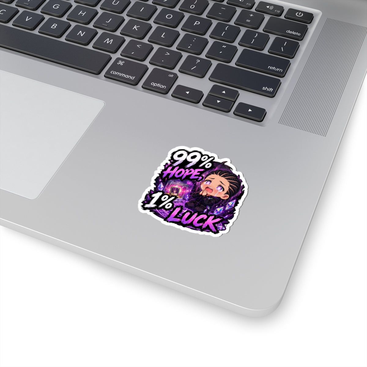 99% Hope 1% Luck Sticker, Crying Chibi Anime Boy Praying for SSR Decal, Kiss Cut Glossy Vinyl in 4 Sizes, Funny Gacha Gamer Gift