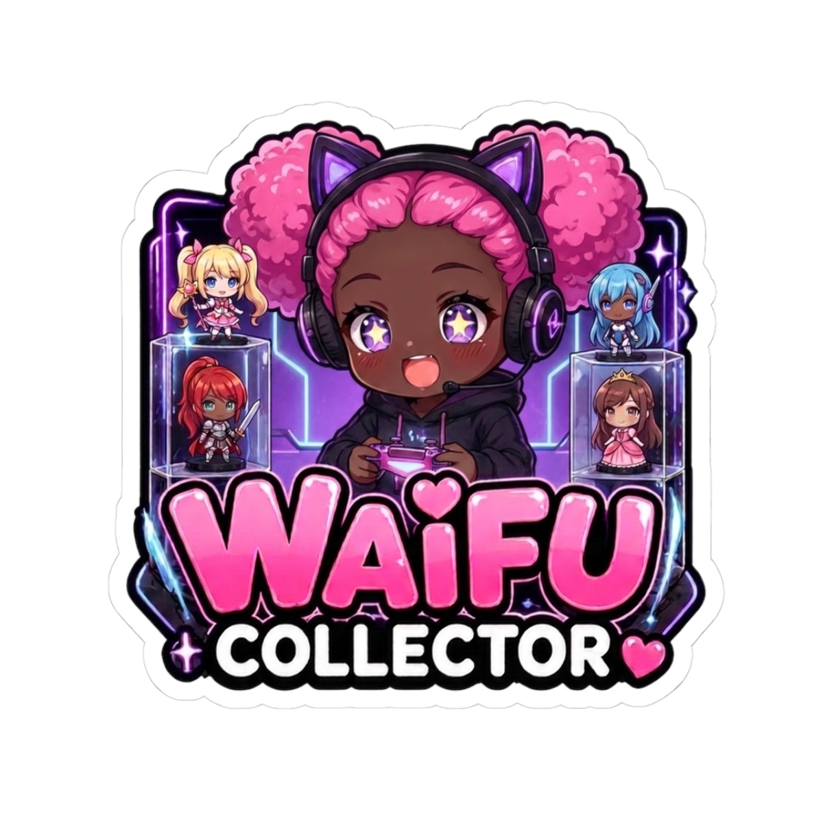 Waifu Collector Sticker, Kawaii Gamer Girl with Cat Ear Headset Decal, Kiss Cut Glossy Vinyl in 4 Sizes, Cute Gift for Anime Fans & Gacha Gamers