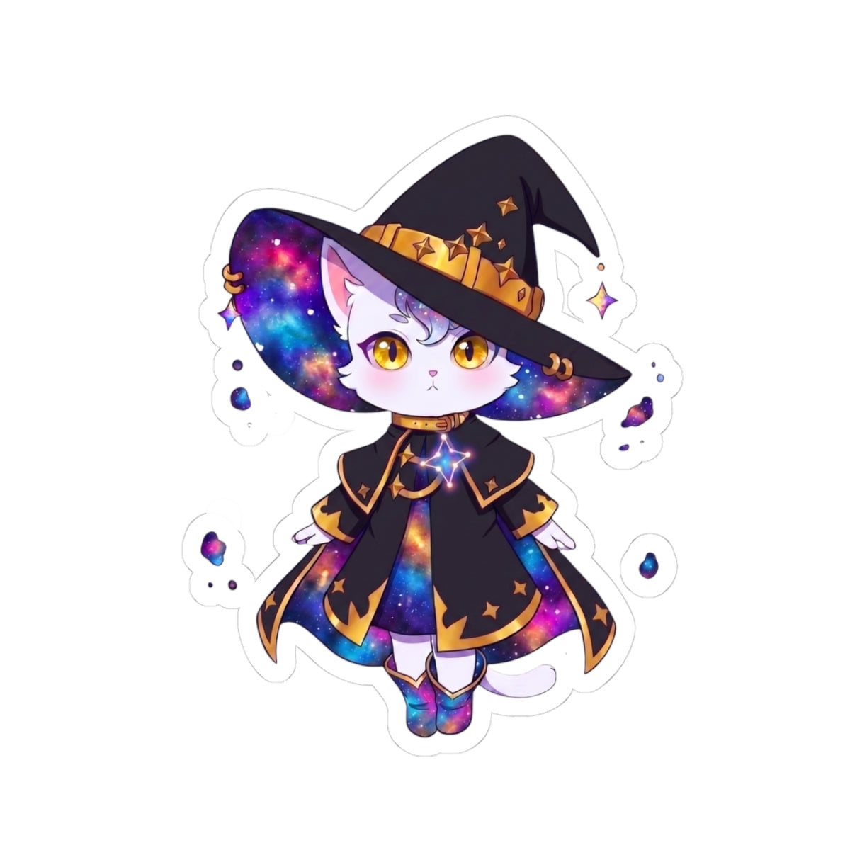 Celestial Cat Sticker, Kawaii Galaxy Witch Kitty in Star Hat Decal, Kiss Cut Glossy Vinyl in 4 Sizes, Cute Gift for Witchy Cat Lovers