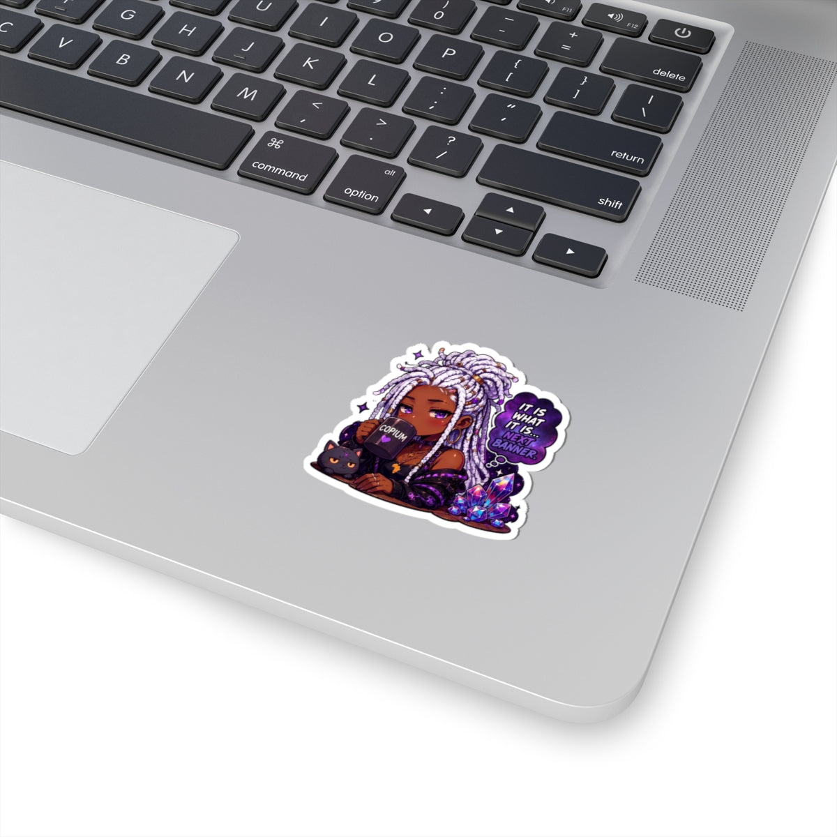 Witchy Copium Kiss-Cut Sticker — "It Is What It Is... Next Banner" Anime Girl with Braids and Black Cat Decal, Kiss Cut Glossy Vinyl in 4 Sizes, Gamer Gift, Gacha Sticker