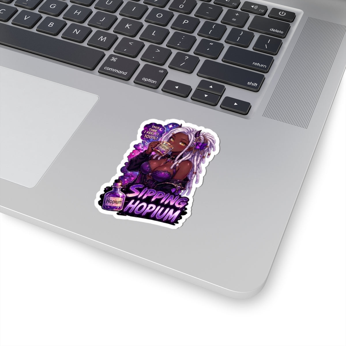 Sipping Hopium Kiss-Cut Sticker — Purple Aesthetic Vaporwave Girl Sticker, Anime Demon Girl with Loc's Decal, Kiss Cut Glossy Vinyl in 4 Sizes, Funny Gacha Gamer Meme Sticker