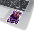 Sipping Hopium Kiss-Cut Sticker — Purple Aesthetic Vaporwave Girl Sticker, Anime Demon Girl with Loc's Decal, Kiss Cut Glossy Vinyl in 4 Sizes, Funny Gacha Gamer Meme Sticker