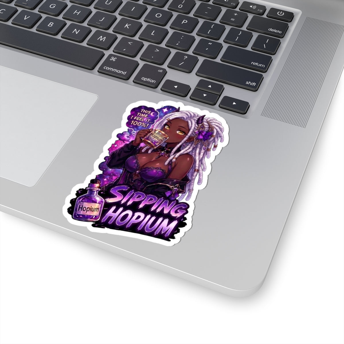 Sipping Hopium Kiss-Cut Sticker — Purple Aesthetic Vaporwave Girl Sticker, Anime Demon Girl with Loc's Decal, Kiss Cut Glossy Vinyl in 4 Sizes, Funny Gacha Gamer Meme Sticker