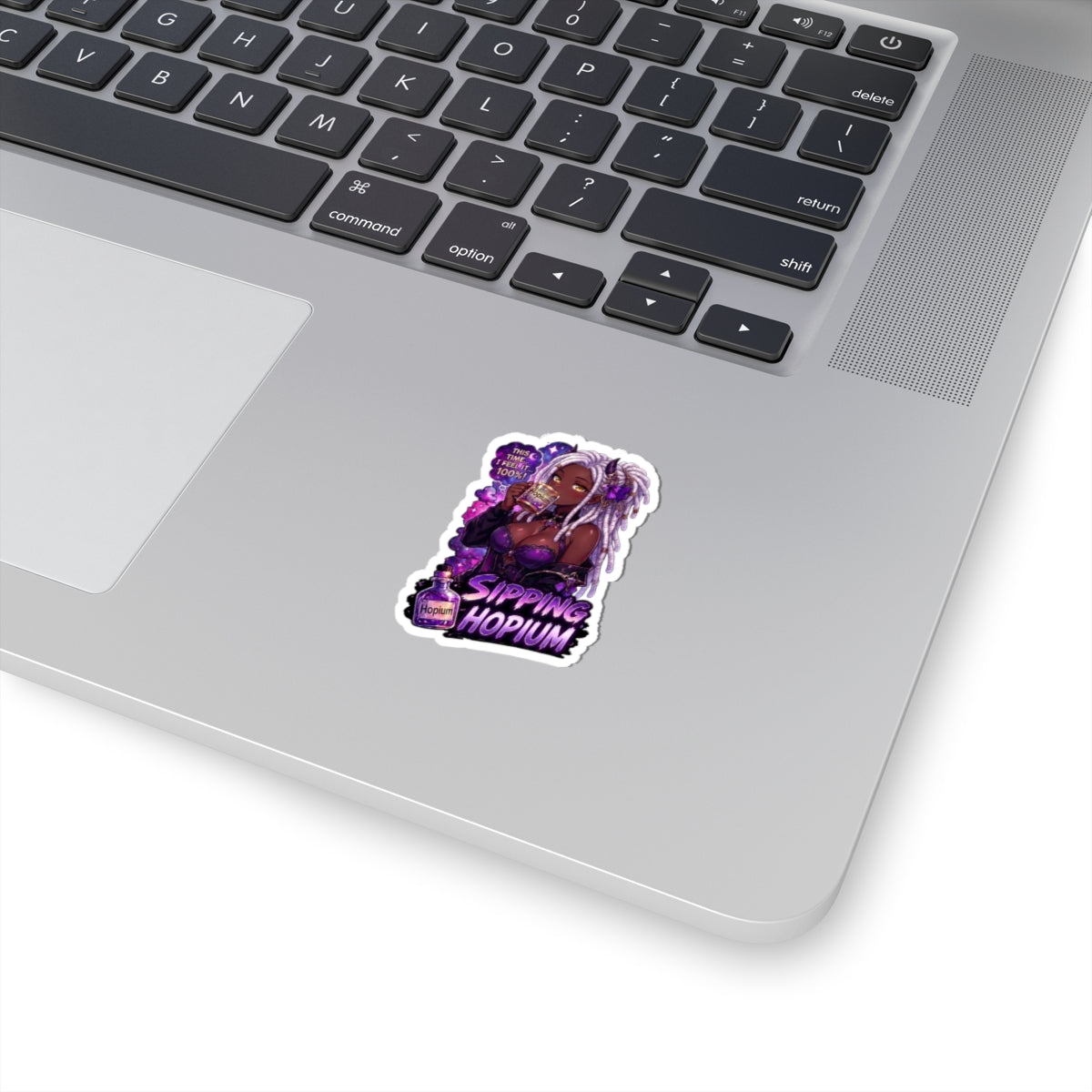 Sipping Hopium Kiss-Cut Sticker — Purple Aesthetic Vaporwave Girl Sticker, Anime Demon Girl with Loc's Decal, Kiss Cut Glossy Vinyl in 4 Sizes, Funny Gacha Gamer Meme Sticker