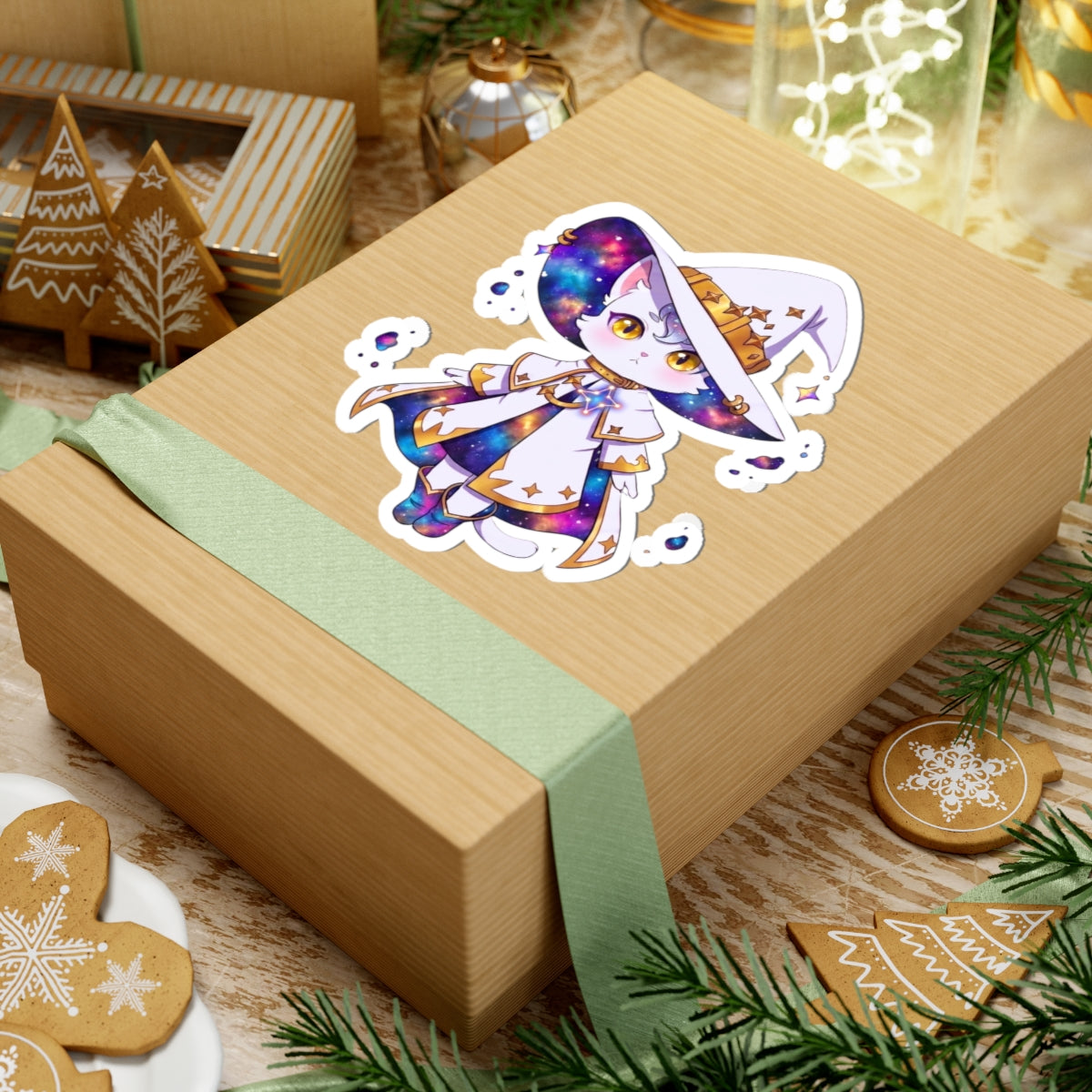 Celestial Cat Sticker, Kawaii Galaxy Witch Kitty in Star Hat Decal, Kiss Cut Glossy Vinyl in 4 Sizes, Cute Gift for Witchy Cat Lovers