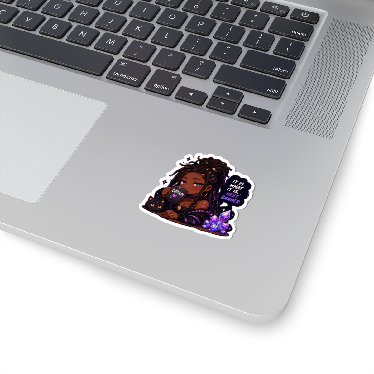 Witchy Copium Kiss-Cut Sticker — "It Is What It Is... Next Banner" Anime Girl with Braids and Black Cat Decal, Kiss Cut Glossy Vinyl in 4 Sizes, Gamer Gift, Gacha Sticker