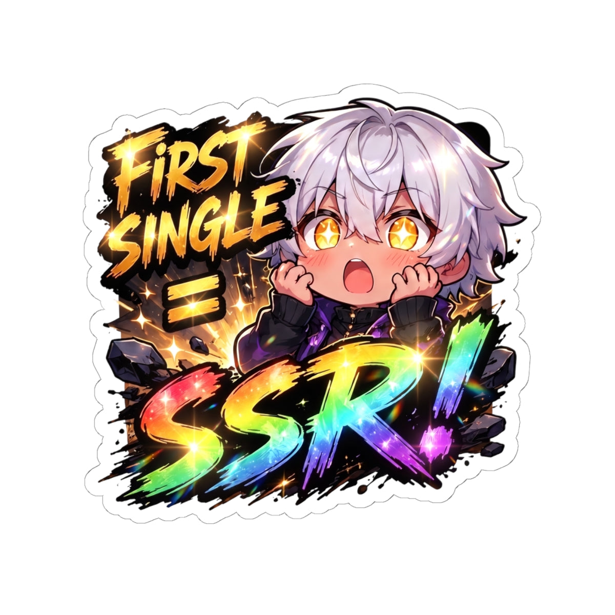 Lucky Pull Anime Sticker, First Single SSR Chibi Gacha Meme Decal, Kiss Cut Glossy Vinyl in 4 Sizes, Funny Gift for Gamers
