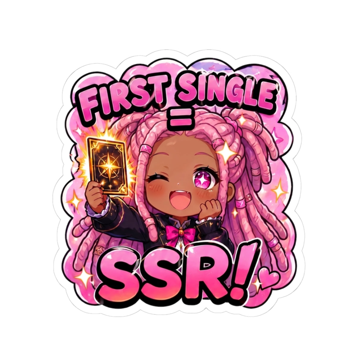 Lucky Pull Sticker, First Single SSR Kawaii Chibi Girl with Locs Decal, Kiss Cut Glossy Vinyl in 4 Sizes, Cute Gift for Anime Fans, Gacha Gamers