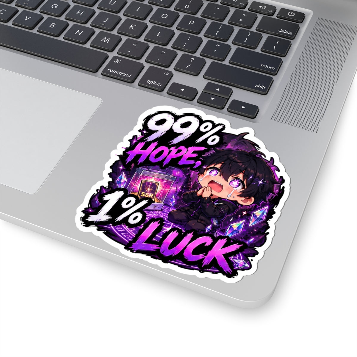 99% Hope 1% Luck Sticker, Crying Chibi Anime Boy Praying for SSR Decal, Kiss Cut Glossy Vinyl in 4 Sizes, Funny Gacha Gamer Gift