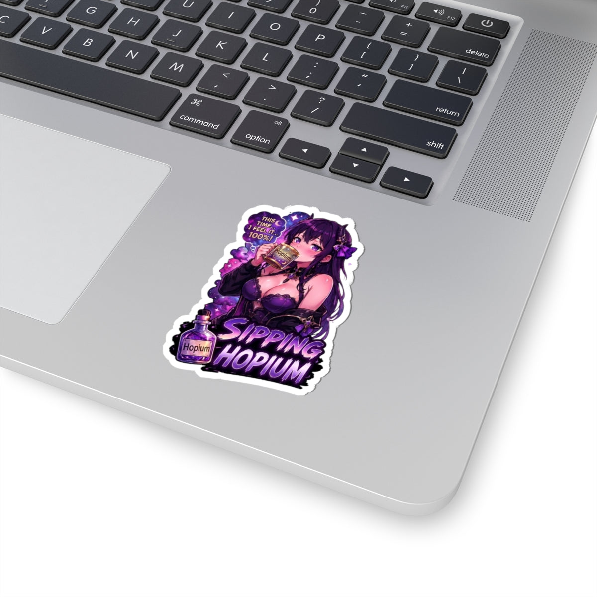 Sipping Hopium Kiss-Cut Sticker — Purple Aesthetic Vaporwave Girl Sticker, Anime Demon Girl with Loc's Decal, Kiss Cut Glossy Vinyl in 4 Sizes, Funny Gacha Gamer Meme Sticker