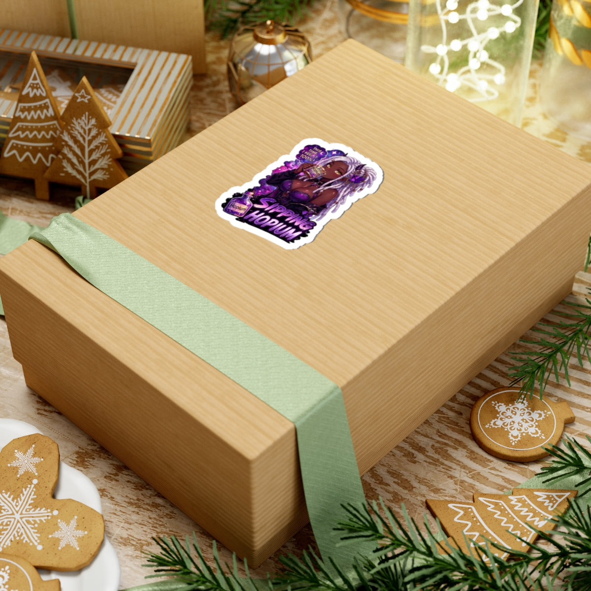 Sipping Hopium Kiss-Cut Sticker — Purple Aesthetic Vaporwave Girl Sticker, Anime Demon Girl with Loc's Decal, Kiss Cut Glossy Vinyl in 4 Sizes, Funny Gacha Gamer Meme Sticker
