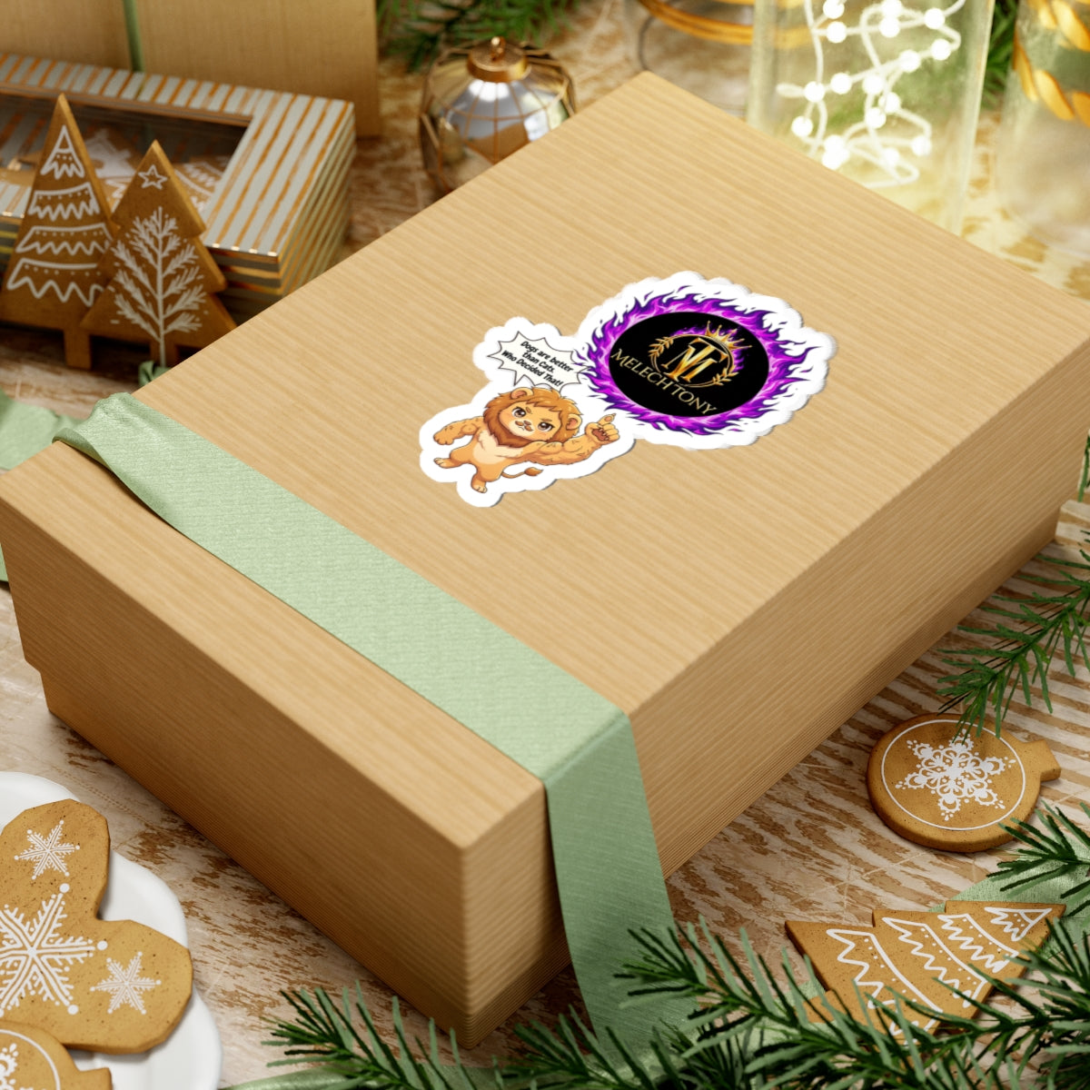 Melech Tony Lion Sticker, Funny Cat vs Dog Meme Decal with Purple Flame Crest, Kiss Cut Glossy Vinyl in 4 Sizes, Gamer Gift