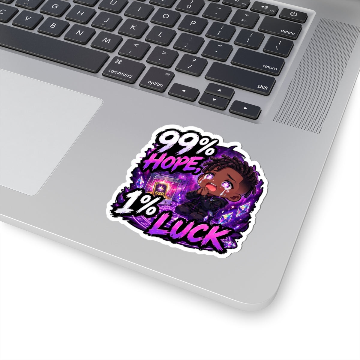99% Hope 1% Luck Sticker, Crying Chibi Anime Boy Praying for SSR Decal, Kiss Cut Glossy Vinyl in 4 Sizes, Funny Gacha Gamer Gift