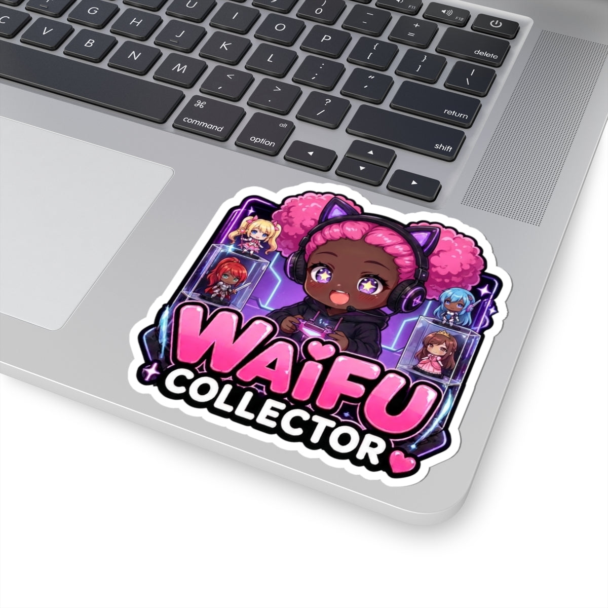 Waifu Collector Sticker, Kawaii Gamer Girl with Cat Ear Headset Decal, Kiss Cut Glossy Vinyl in 4 Sizes, Cute Gift for Anime Fans & Gacha Gamers