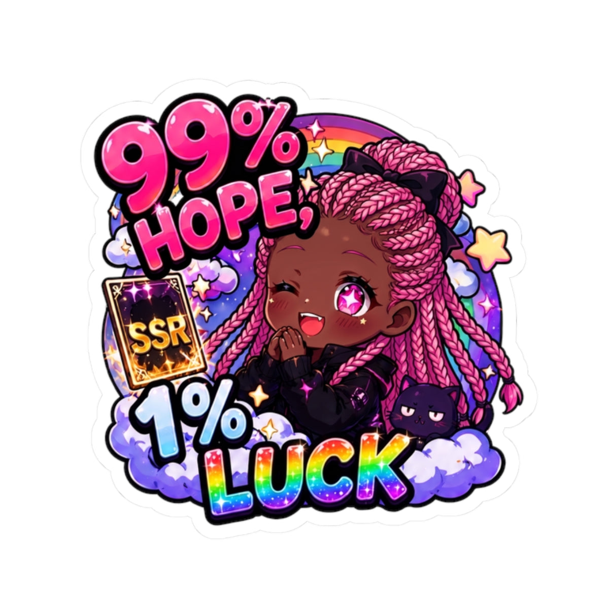 99% Hope 1% Luck Sticker, Anime Chibi Girl with Pink Braids Decal, Kiss Cut Glossy Vinyl in 4 Sizes, Funny Gacha Gamer Gift