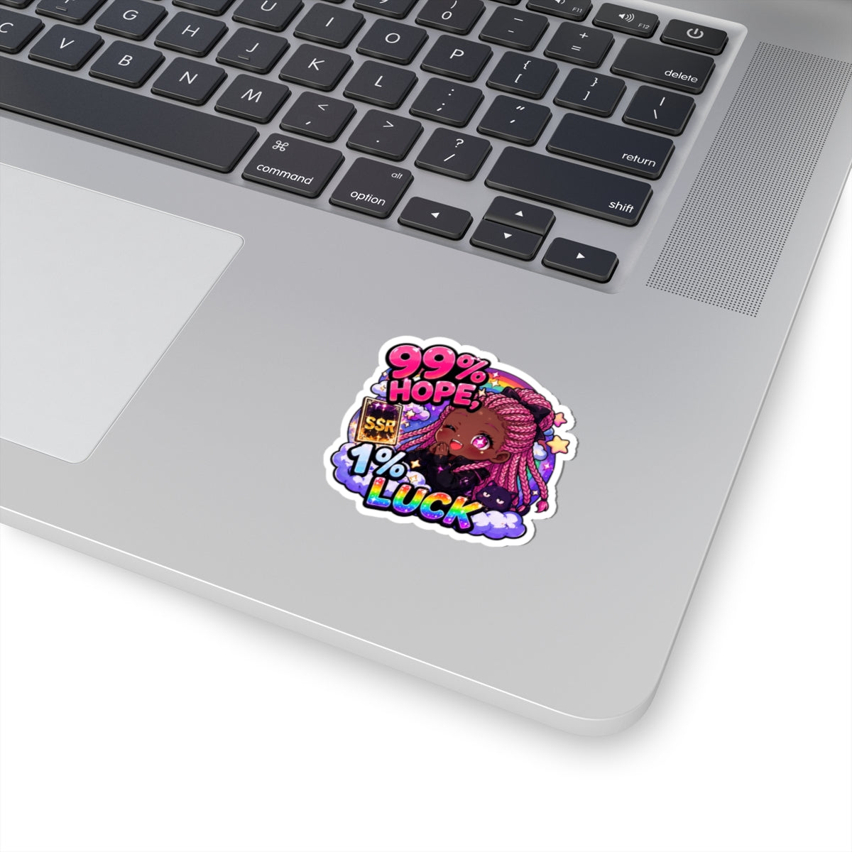 99% Hope 1% Luck Sticker, Anime Chibi Girl with Pink Braids Decal, Kiss Cut Glossy Vinyl in 4 Sizes, Funny Gacha Gamer Gift