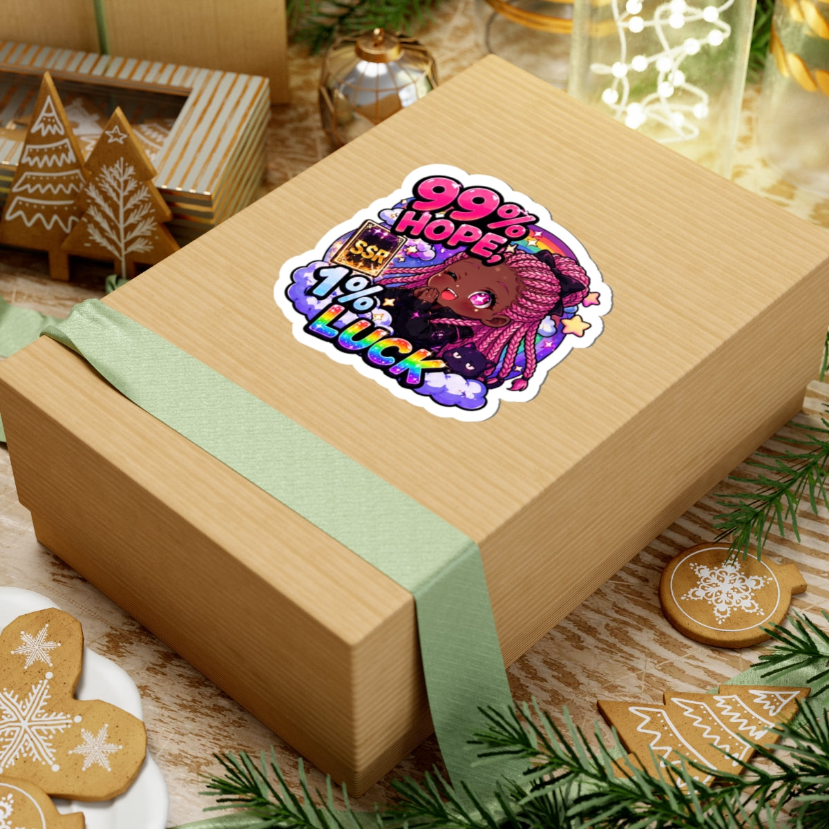 99% Hope 1% Luck Sticker, Anime Chibi Girl with Pink Braids Decal, Kiss Cut Glossy Vinyl in 4 Sizes, Funny Gacha Gamer Gift